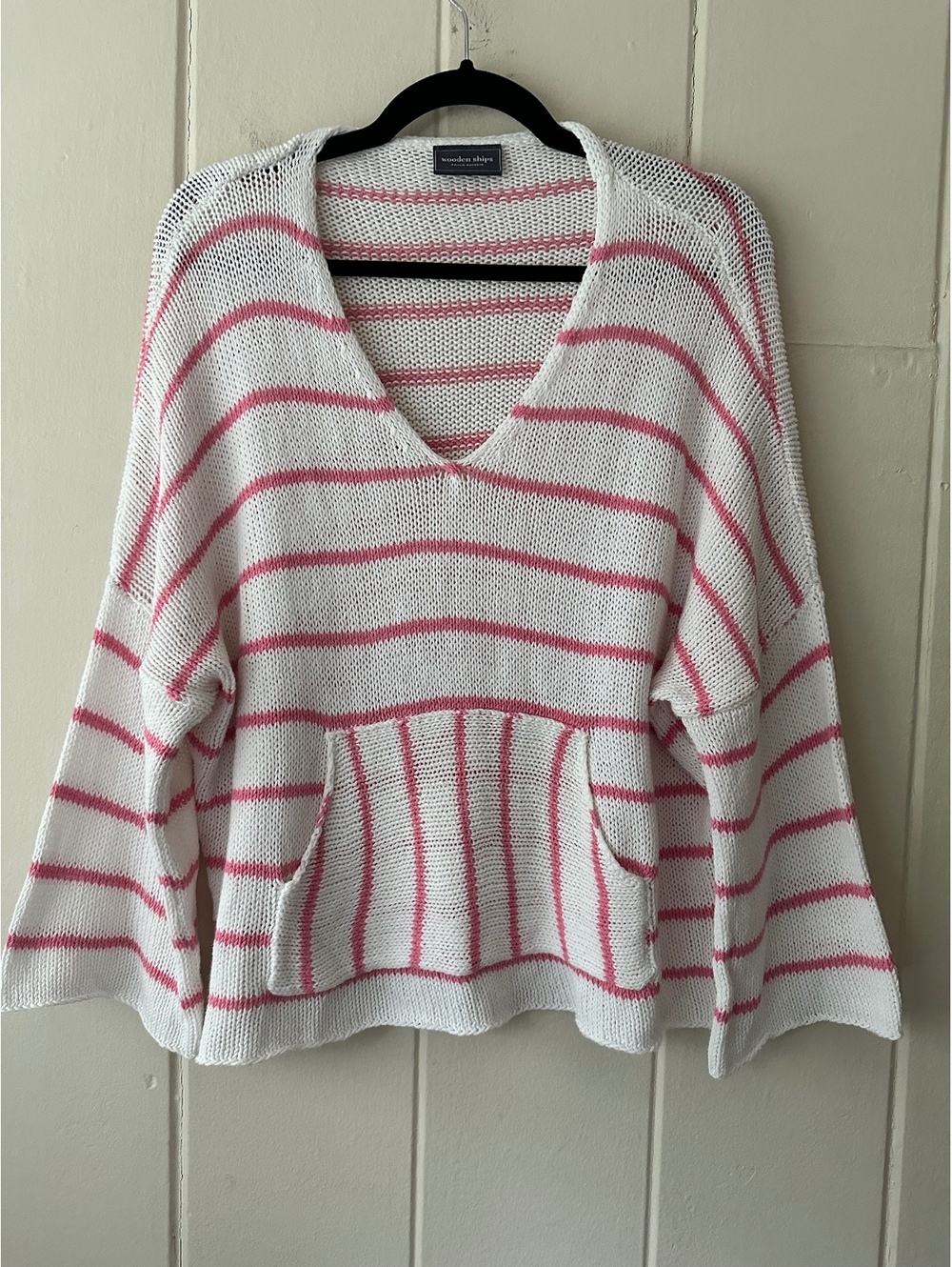 Wooden Ships Striped Knit V-Neck Sweater White Pink Kangaroo Pocket Small/Medium